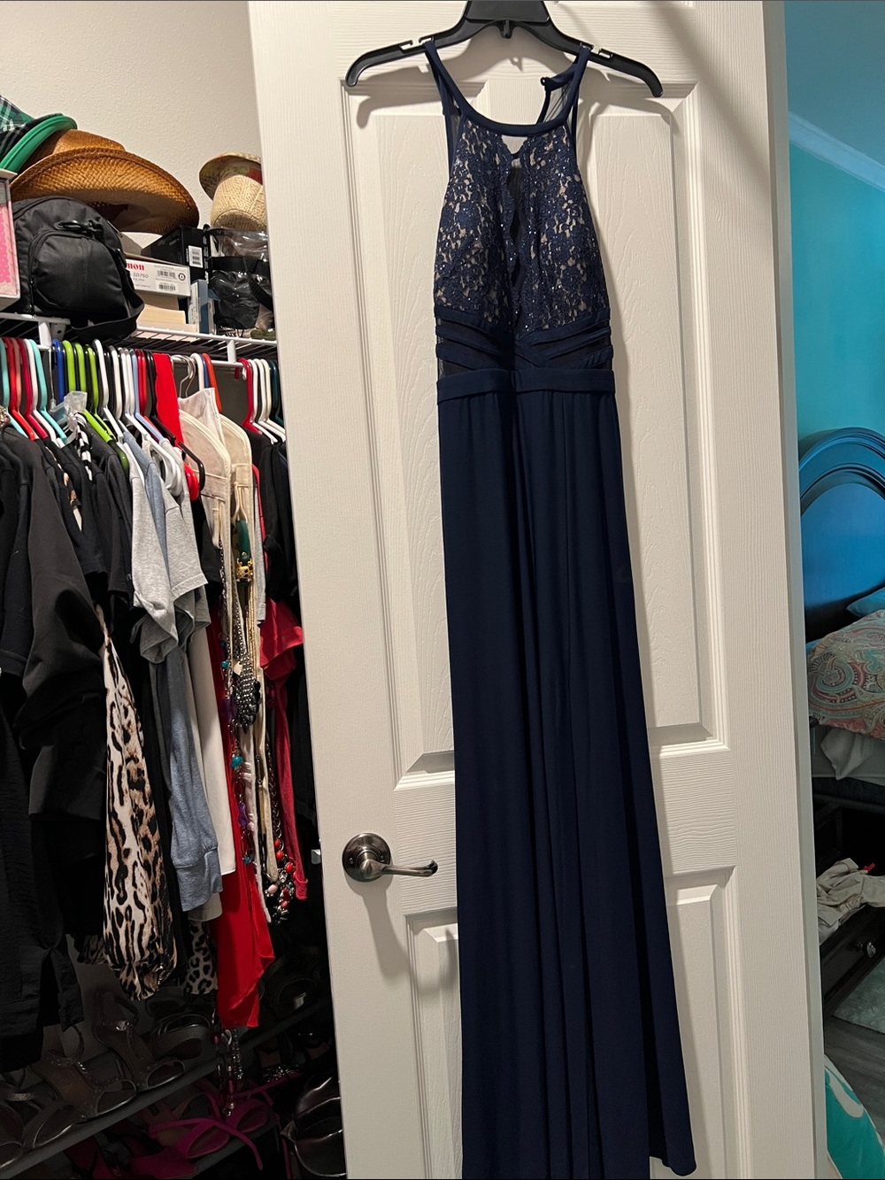 Morgan & Co. Navy Lace Halter Maxi Dress